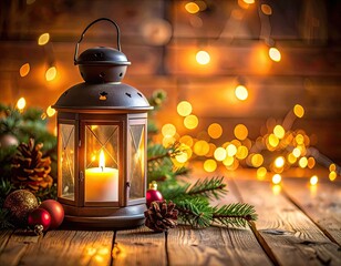 A warm, glowing lantern sits amidst festive Christmas decorations on a rustic wooden surface.