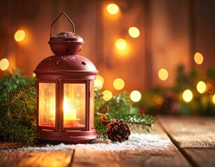 A cozy, warm lantern illuminates a rustic wooden surface dusted with snow beside festive greenery.