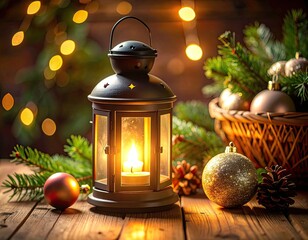 A warm, flickering lantern illuminates a rustic Christmas scene with festive ornaments and greenery.