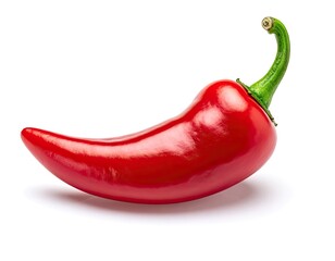 A vibrant, glossy red chili pepper with a curved green stem isolated on a white background.