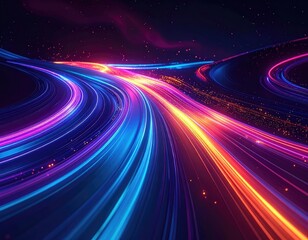 Vibrant neon light trails streak across a dark, futuristic highway or data stream in motion.