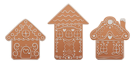 3d illustrations of set of gingerbread house for christmas festival ornaments.3d render