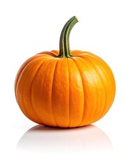 A bright orange pumpkin with a green stem isolated on a white background.