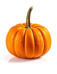 A vibrant orange pumpkin with a distinct dark green stem isolated on a white background.