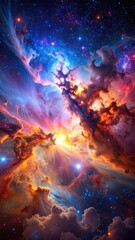 A vibrant, explosive cosmic nebula dominates the starry deep space.