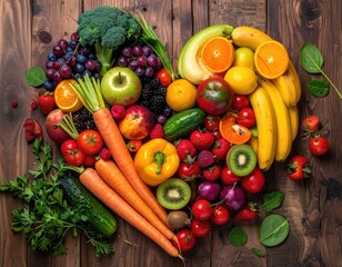 A vibrant heart shape composed entirely of fresh, colorful fruits and vegetables on a dark wooden background.