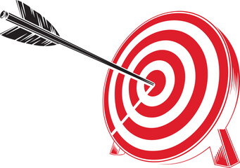 Red and white dartboard with arrow hitting bullseye target
