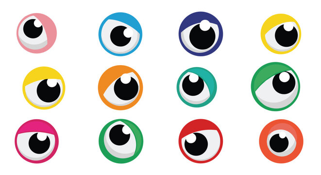 Set of twelve colorful cartoon googly eyes looking in various directions for creating fun and playful monster characters.