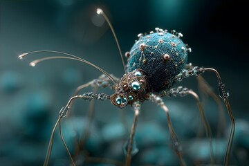 Fototapeta premium A futuristic mechanical spider glows with tiny lights as it stands on thin metallic legs in a dark, blurry environment.