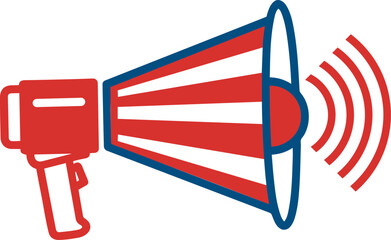 Red and white striped megaphone with sound waves bullhorn announcement