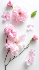 Delicate arrangement of light pink spring blossoms and a single green leaf on a white background.