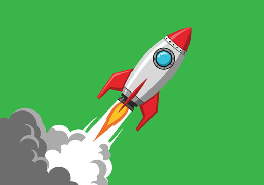 Red and white rocket ship blasting off with smoke and fire spaceship space