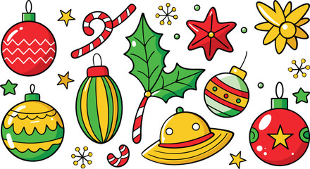 Vector Red green yellow christmas ornaments candy cane holly star decoration holiday