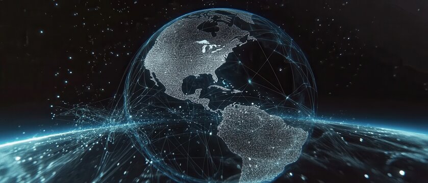 Digital hologram representation of the American continent showing its geographical features and connectivity - Powered by Adobe