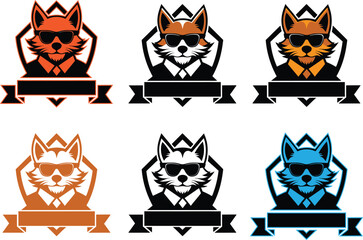 Six fox logos with sunglasses and suits in orange black and blue animal logo