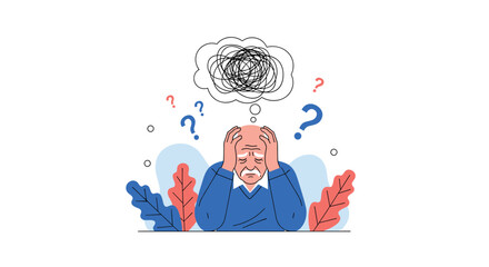 Elderly man holding his head in despair with a tangled scribble in a thought bubble representing confusion and memory loss.