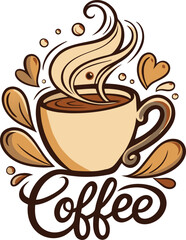 Steaming coffee cup with hearts and word coffee drink beverage