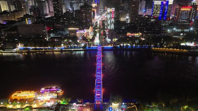 Lanzhou Night Bridge - Aerial Photography of Illuminated White Bridge and City Lights