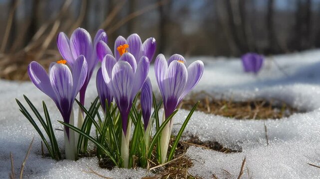 Purple and white crocus flowers blooming in melting snow under bright sunlight, signaling the arrival of spring in a seasonal landscape