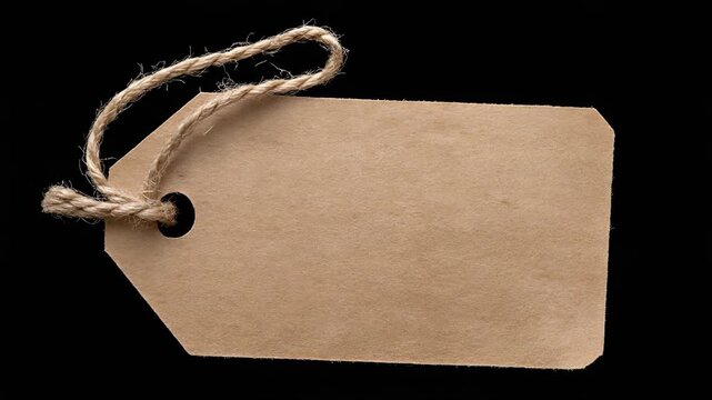 Blank brown kraft paper tag with a natural string tied isolated against black backdrop providing space for messages or pricing