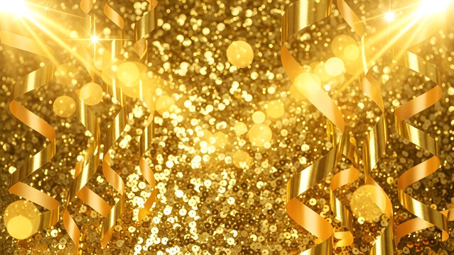 Sparkling gold confetti and streamers with bright lights - Powered by Adobe