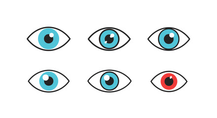 Collection of six minimalist cartoon eye icons with five blue and one red representing irritation or a unique trait.