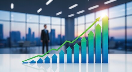A business man standing in an office with a green and blue bar graph on a white desk.