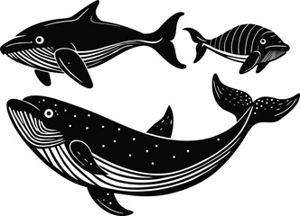 Three black and white stylized whales and a dolphin swimming ocean marine life