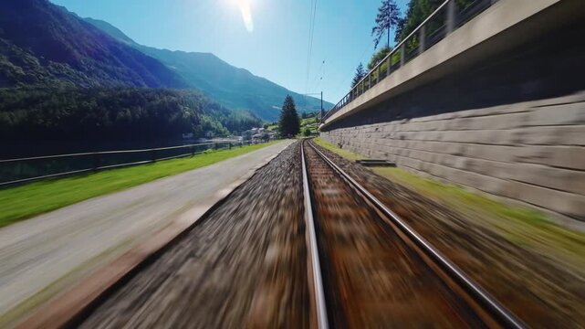 FPV drone races along railway tracks, then banks toward the lake, makes a quick turn and flies back to the railroad line.