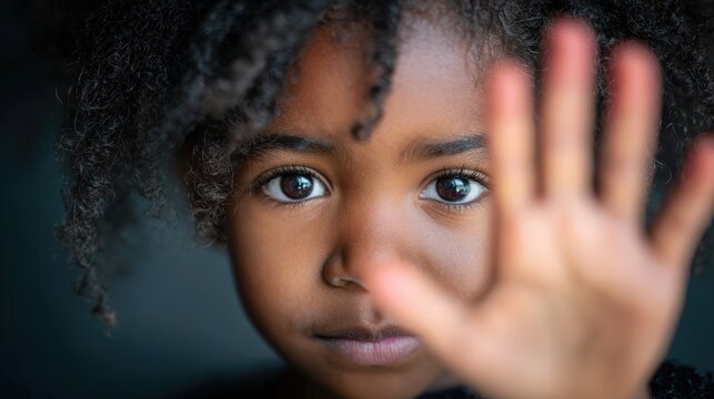 Young child with dark skin raises hand in a clear gesture of stopping or denial