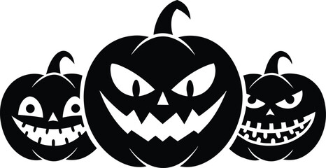 Three black Halloween jack o lanterns with carved faces pumpkin