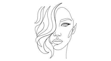 Elegant minimalist portrait of a beautiful woman's face with flowing hair created using a single continuous black line art style.