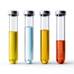 Chemical Analysis in Glassware: A close-up view of four glass test tubes, each holding a different colored liquid, symbolizing diverse scientific research and experiments.