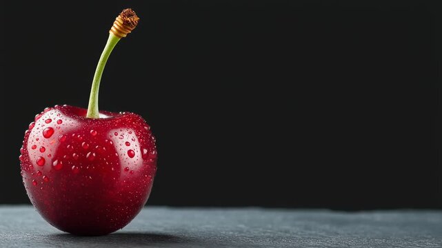 Close-up of a single red cherry with a stem and water droplets on a gray surface against a black background.
