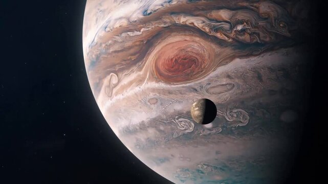 Planet Jupiter showing the great red spot and a transiting moon.