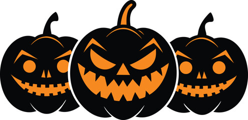 Three black jack o lanterns with orange carved faces and stems halloween pumpkin