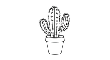 Minimalist black and white line art illustration of a prickly cactus plant in a simple pot for coloring or decor concepts.
