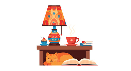 Cozy and peaceful autumn reading nook scene with a sleeping cat a warm drink a book and a colorful lamp on a side table.
