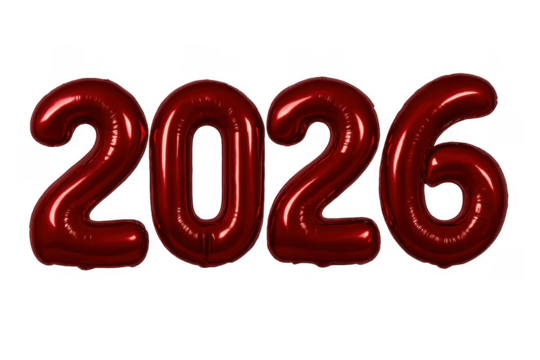 Red foil balloon numbers forming 2026 on transparent background
