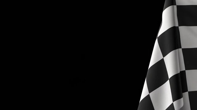 Waving checkered flag against a black backdrop, symbolizing competition, speed, and success, used in races and various events.