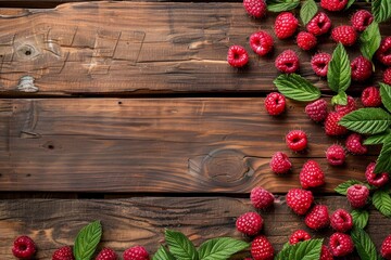 Ripe red raspberries and vibrant green leaves creating a beautiful arrangement on a rustic wooden table, ideal for food and nature themed projects