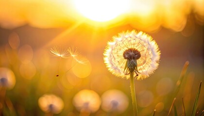 A backlit dandelion seed head disperses its seeds during a golden sunset.