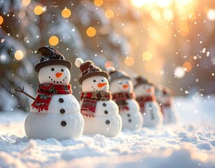 Fototapeta premium A cheerful line of snowmen stands ready in the softly lit, snowy winter landscape.
