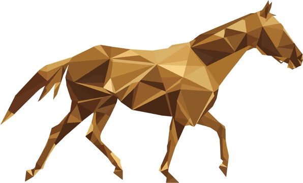 A digitally rendered illustration showcases a low-poly horse in motion, featuring geometric shapes and a warm, earthy color palette.