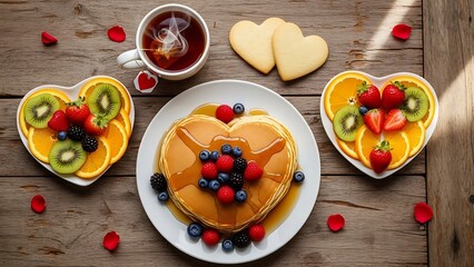 Valentine's Day Breakfast with Heart-Shaped Pancakes and Fruit 