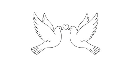Simple and elegant line art drawing of two doves in love facing each other with a heart symbolizing peace and marriage.