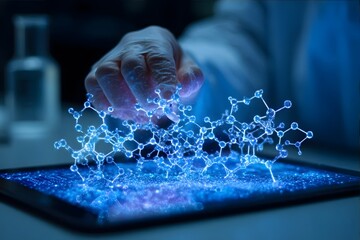 A scientist manipulates a glowing digital molecular model on a tablet in a laboratory setting.