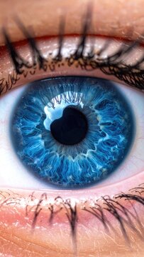 Extreme macro photograph captures the vibrant, intricate details of a blue human iris.