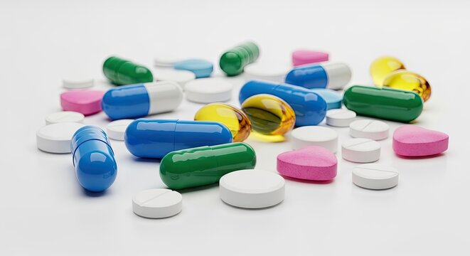 A variety of colorful pills and capsules on a white background.