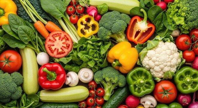 A vibrant assortment of fresh vegetables and fruits, including carrots, tomatoes, broccoli, cauliflower, and bell peppers, arranged in a colorful and healthy display.